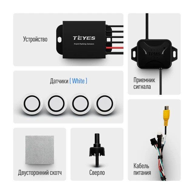 Передние парктроники Teyes R1 для CC4 Pro / CC4 / CC4L / CC3 2K / CC3 / CC3L / CC2 Plus / SPRO Plus / TPRO2 / LUX ONE (Черные)