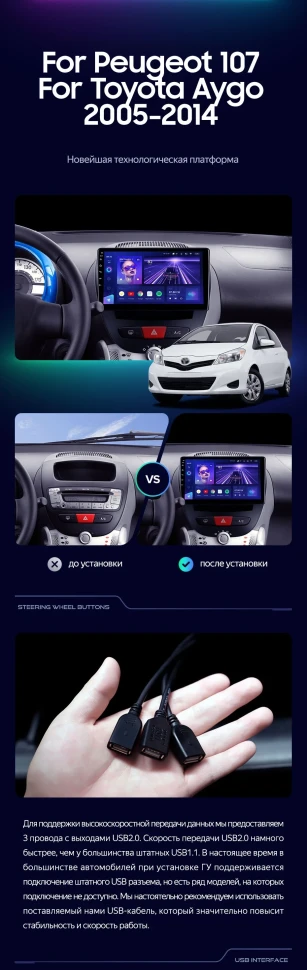 Штатная магнитола Teyes CC3 2K 4/64 Peugeot 107 (2005-2014)